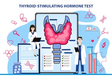 Illustration of Thyroid-stimulating hormone test.  doctors, tablet and different icons on white background. Medical poster