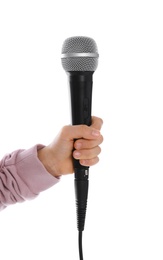 Child holding microphone on white background, closeup