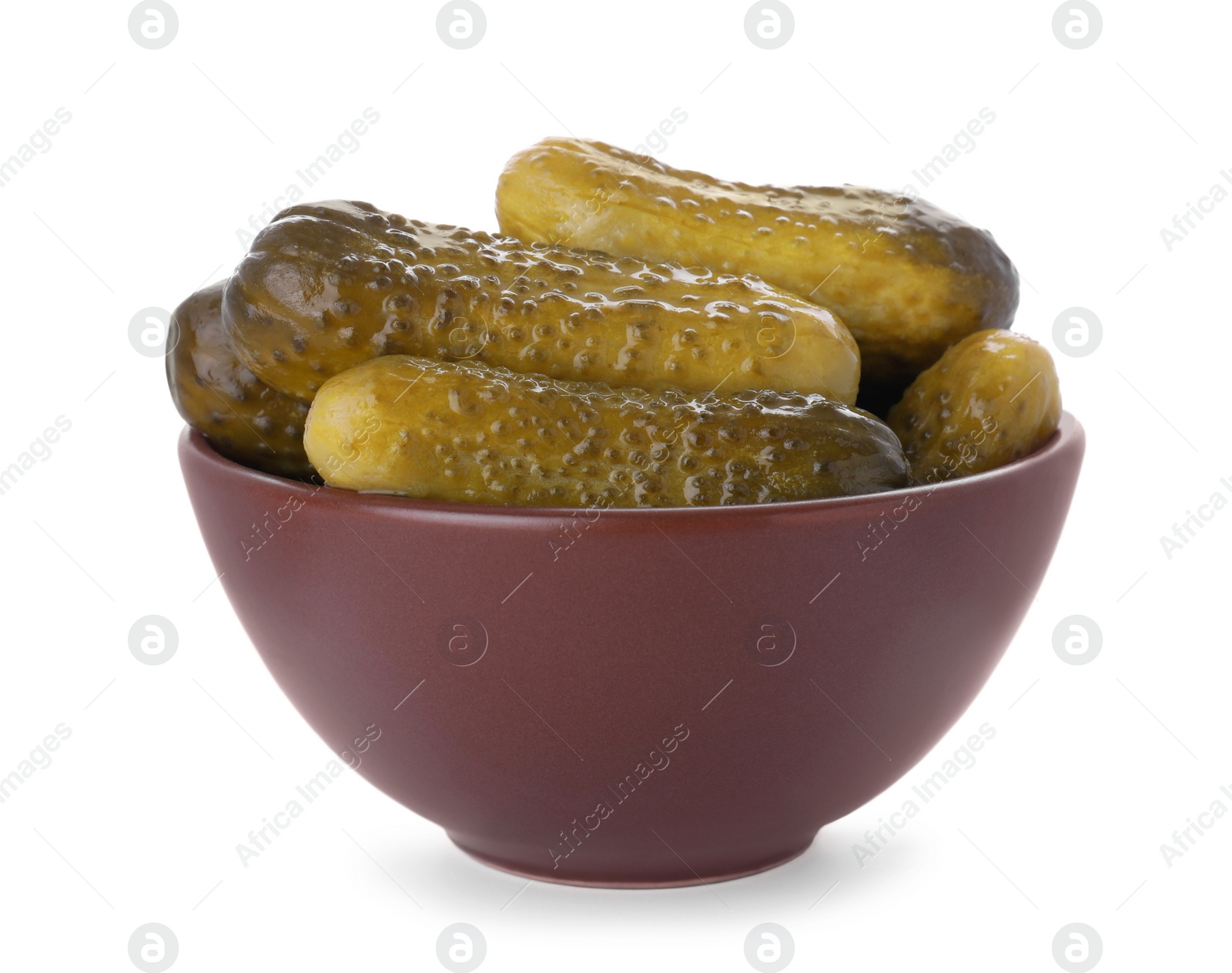 Photo of Bowl of tasty pickled cucumbers isolated on white