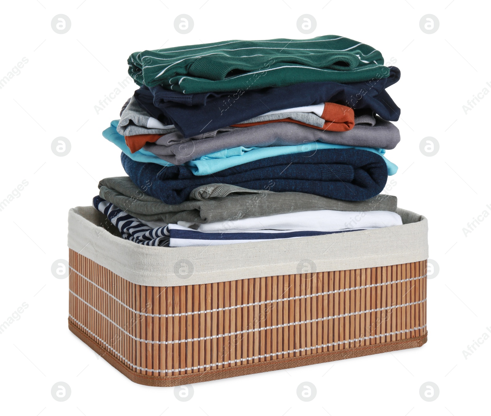 Photo of Laundry basket with clean clothes isolated on white