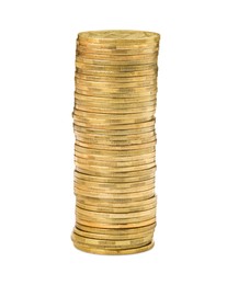 Stack of golden coins on white background