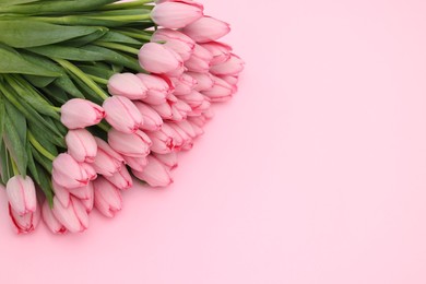 Bouquet of beautiful tulips on pink background, above view. Space for text