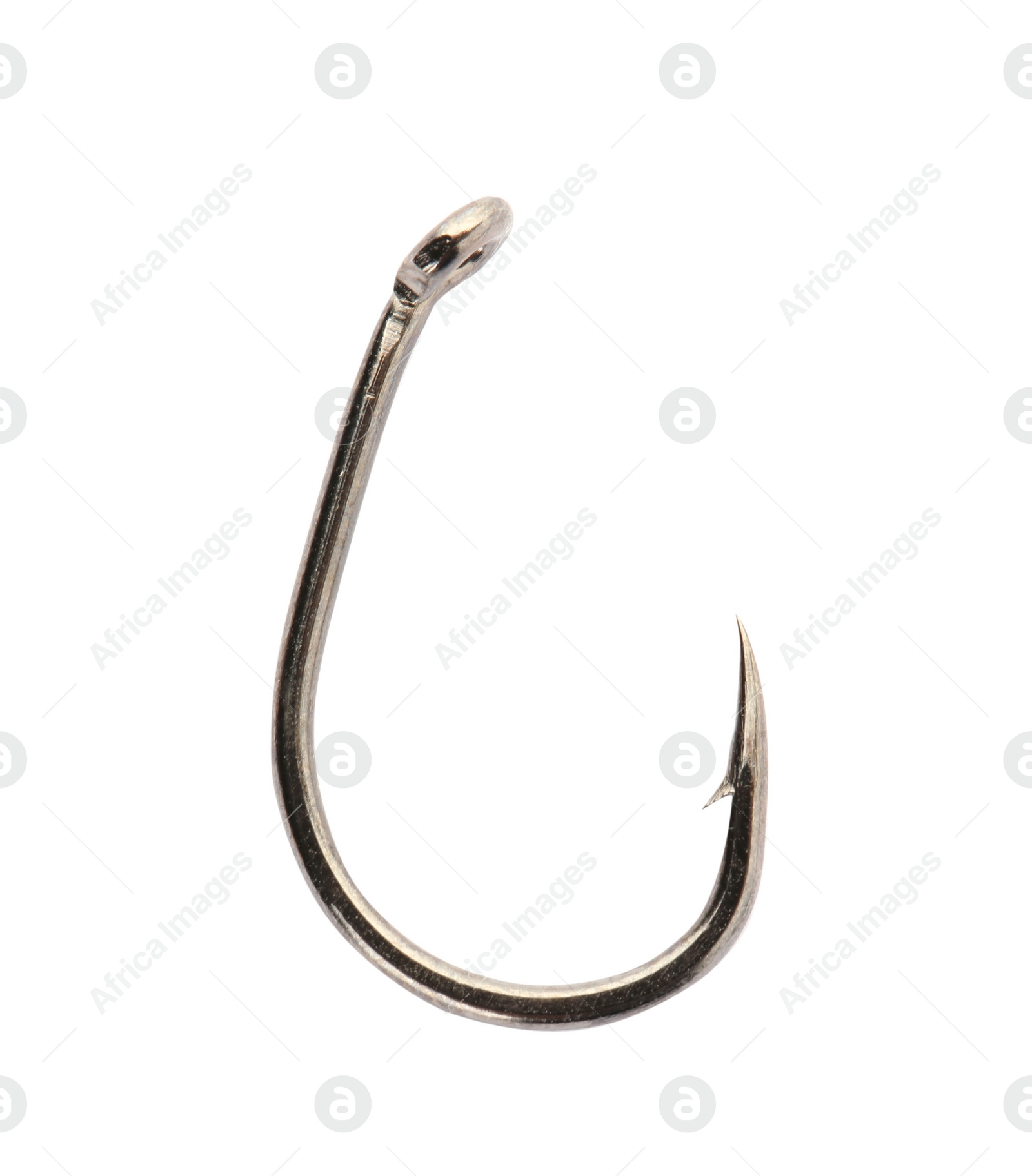 Photo of Metal hook on white background. Fishing accessory