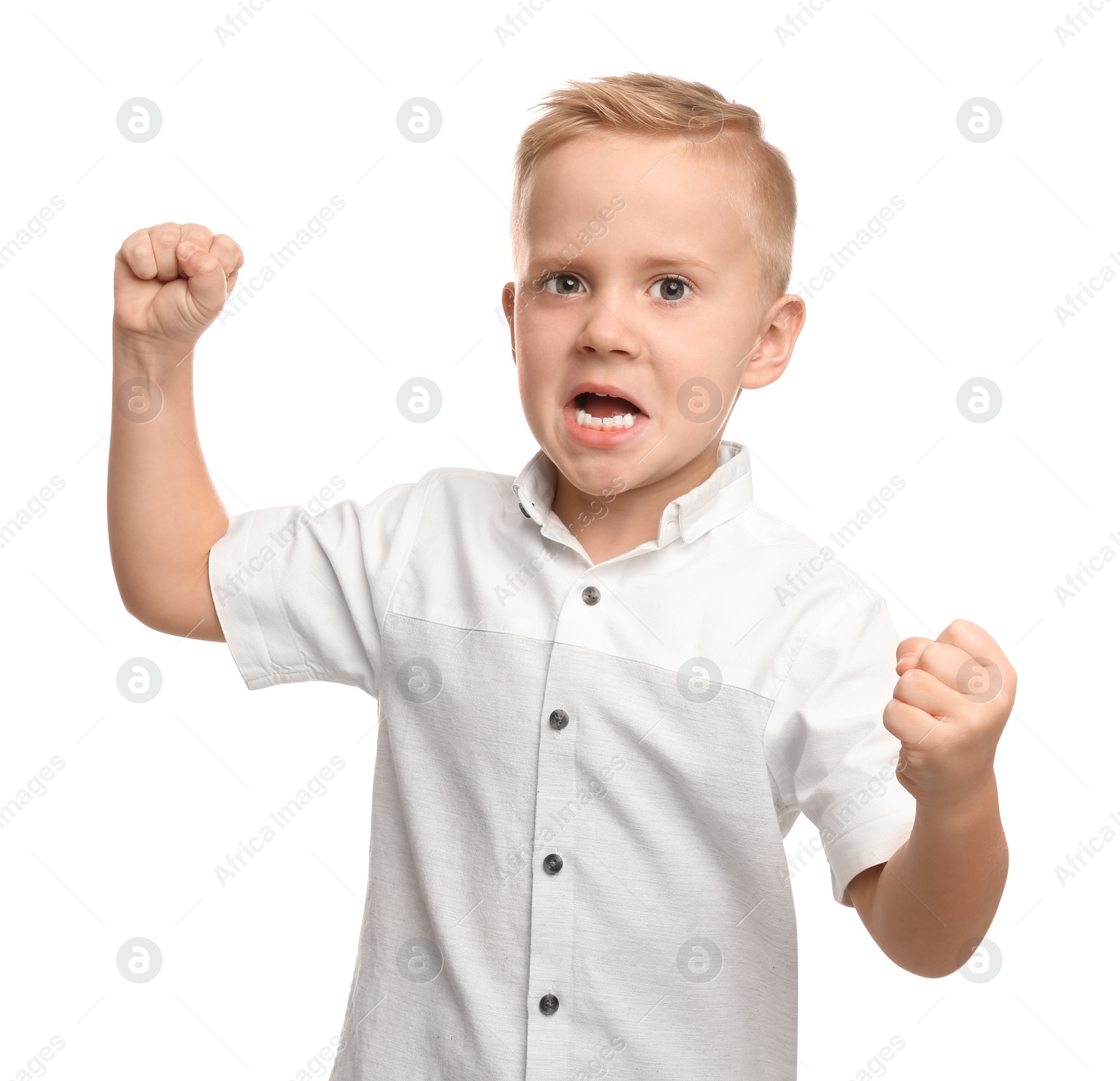 Photo of Portrait of cute little boy on white background