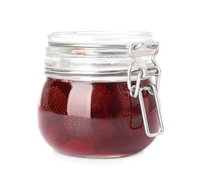 Photo of Delicious pickled strawberry jam in glass jar isolated on white
