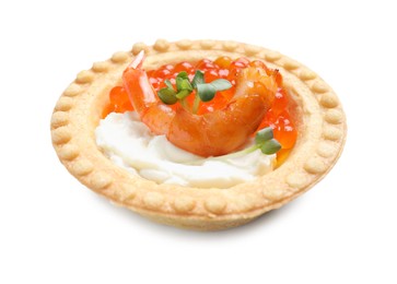 Photo of Delicious canape with shrimp, red caviar and cream cheese isolated on white