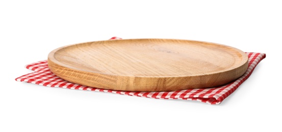 Wooden board and checkered napkin isolated on white