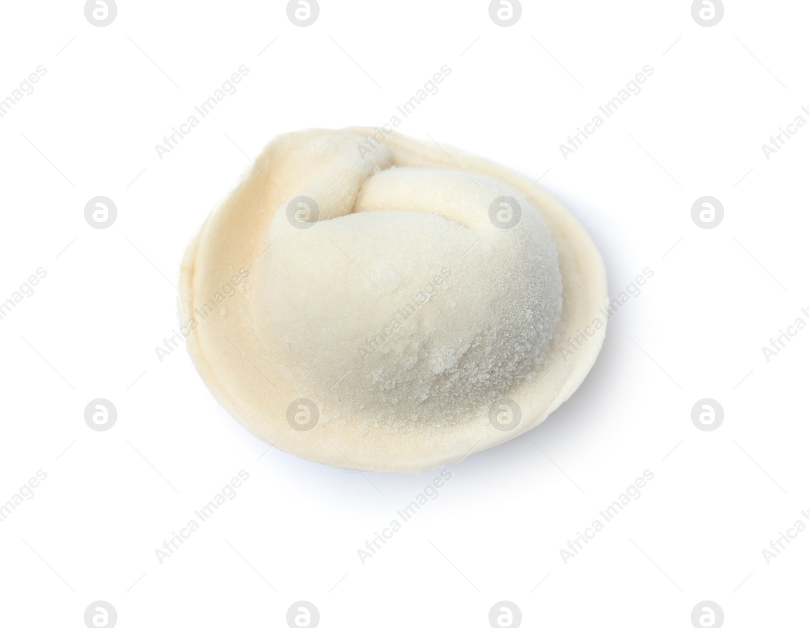 Photo of Frozen raw dumpling on white background. Traditional dish