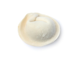 Photo of Frozen raw dumpling on white background. Traditional dish