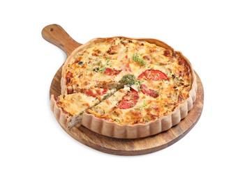 Tasty quiche with tomatoes, microgreens and cheese isolated on white