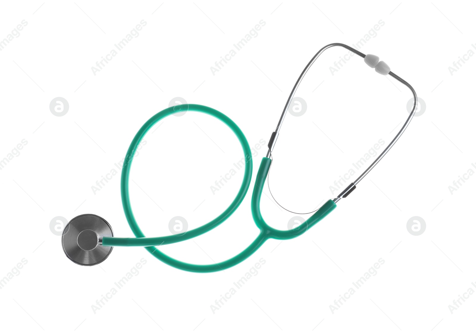 Photo of Stethoscope on white background, top view. Medical device