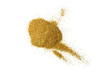 Photo of Heap of gold glitter on white background, top view