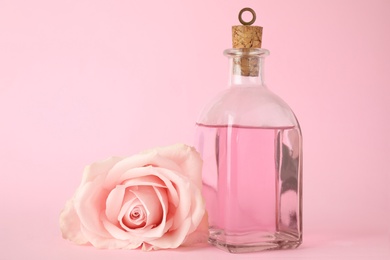 Photo of Bottle of essential oil and rose on pink background