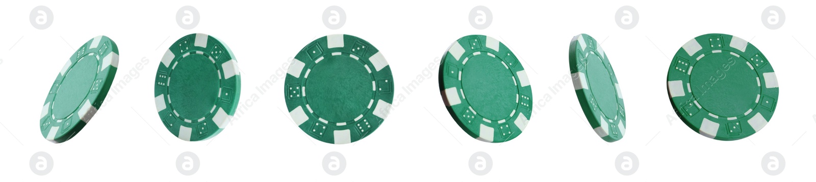 Image of Set with green casino chips on white background. Banner design
