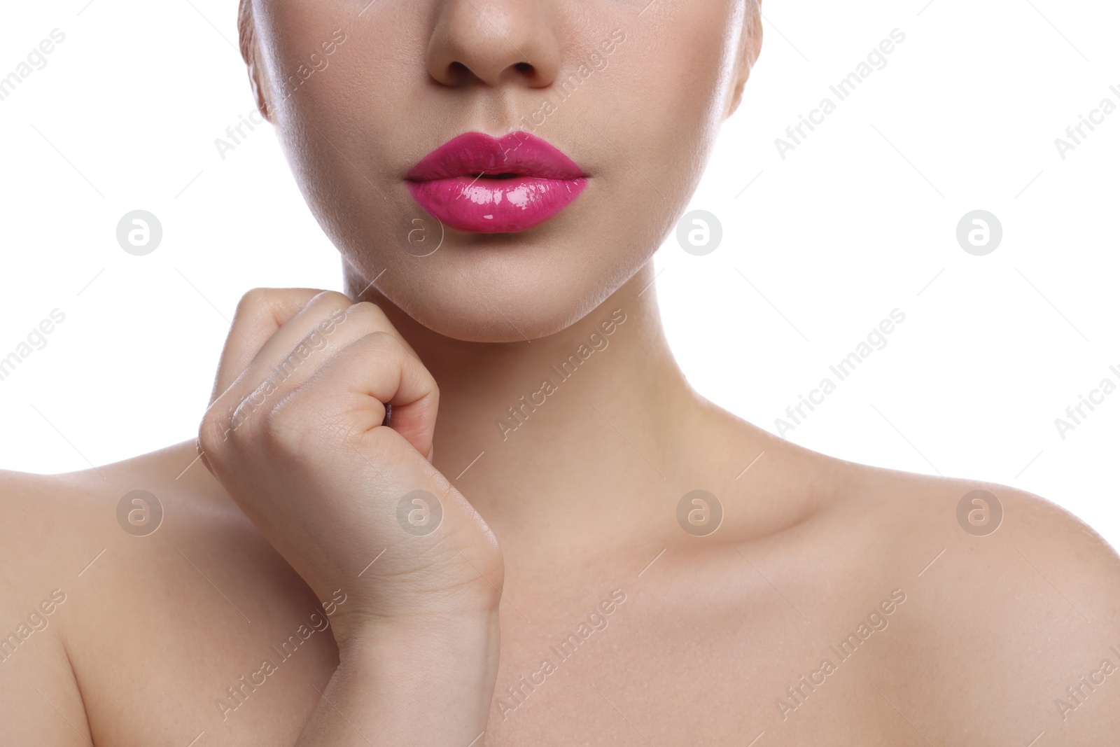 Photo of Closeup view of woman with beautiful full lips on white background