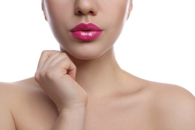 Closeup view of woman with beautiful full lips on white background