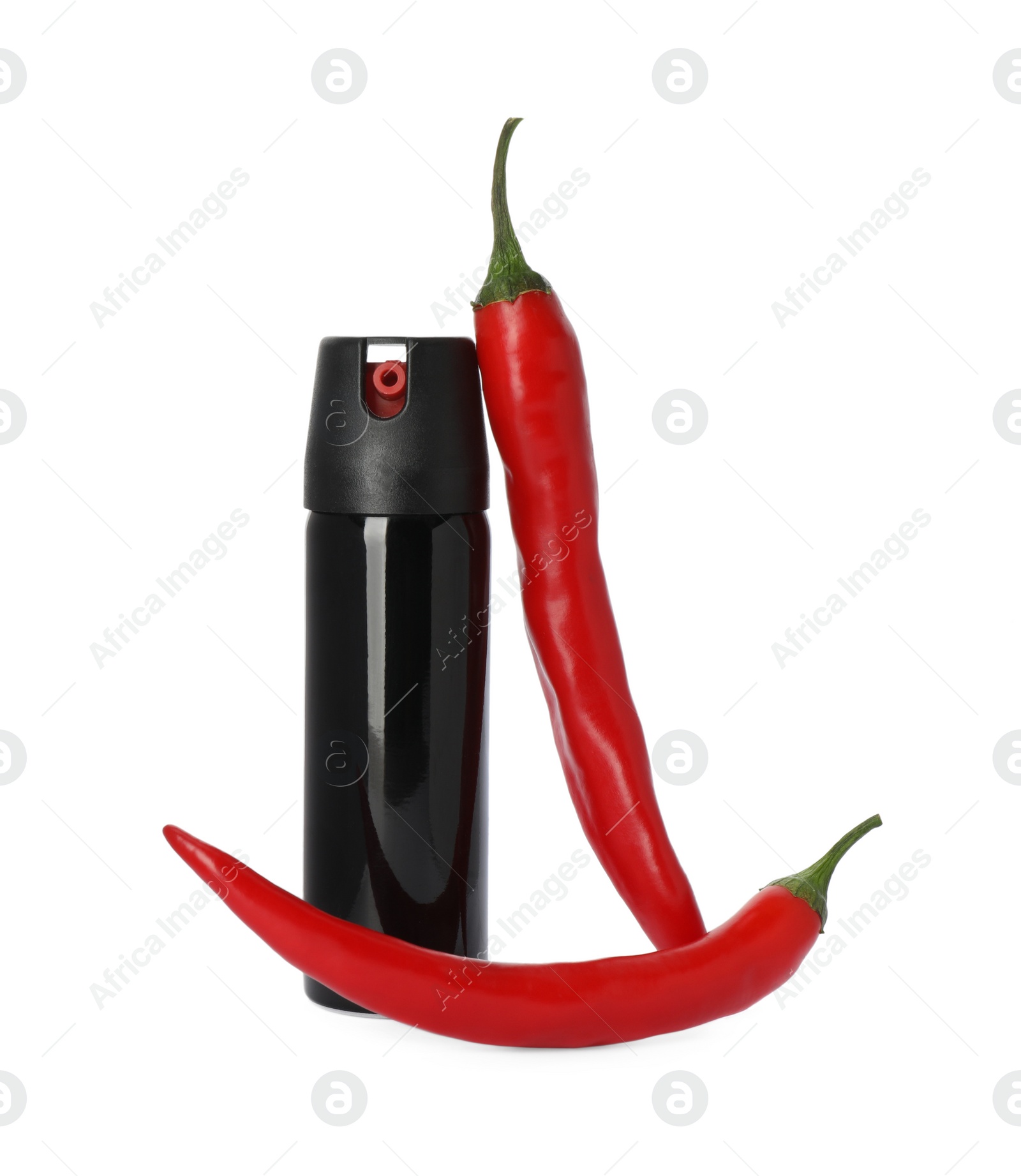 Photo of Bottle of gas pepper spray and fresh chili peppers on white background