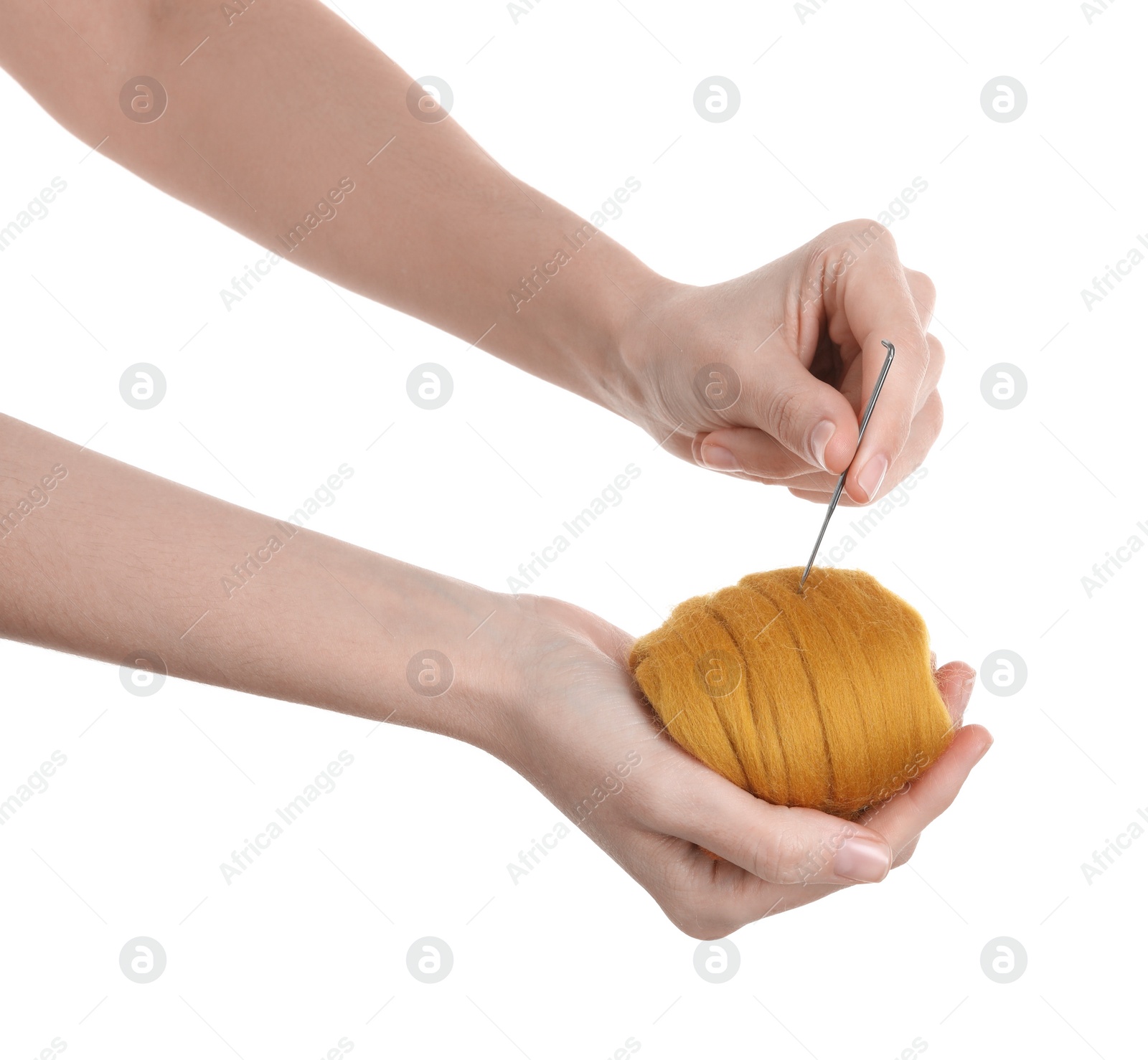 Photo of Woman needle felting from wool on white background, closeup