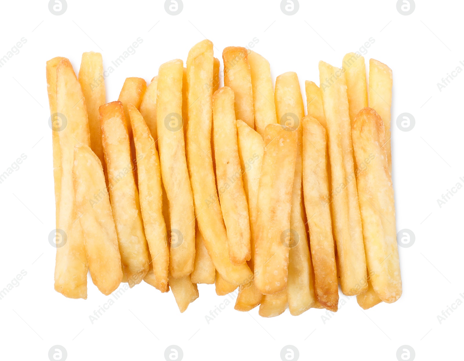 Photo of Delicious fresh french fries on white background, top view