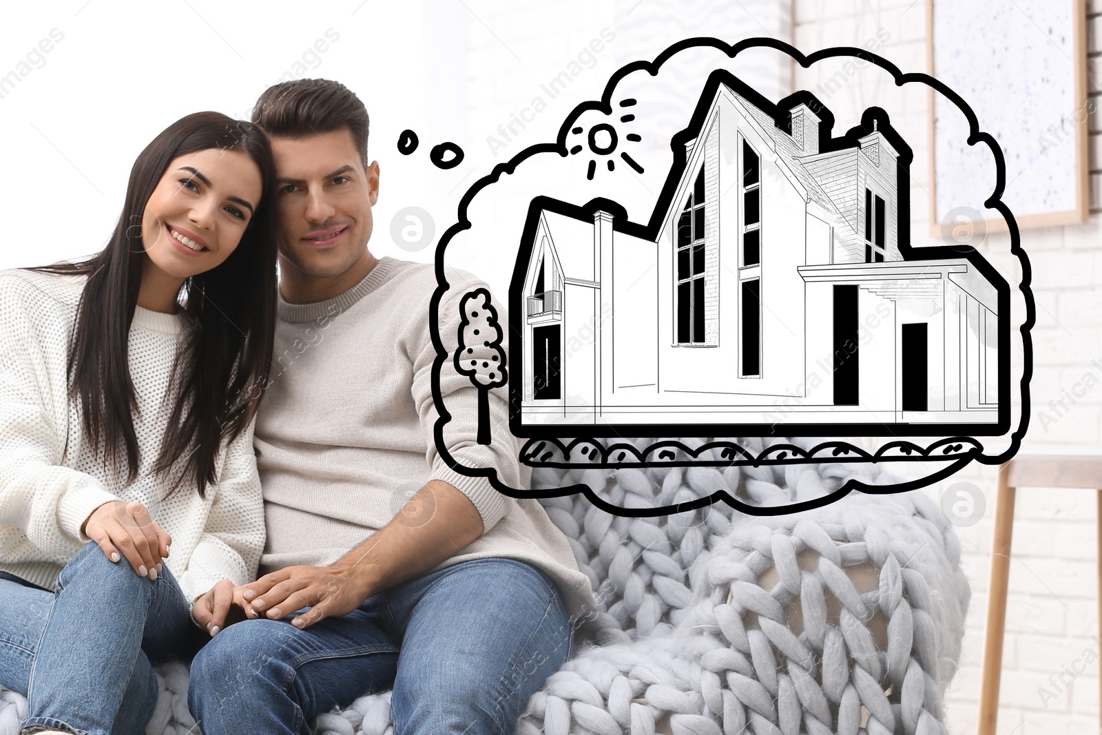 Image of Lovely couple dreaming about new house. Illustration in thought bubble