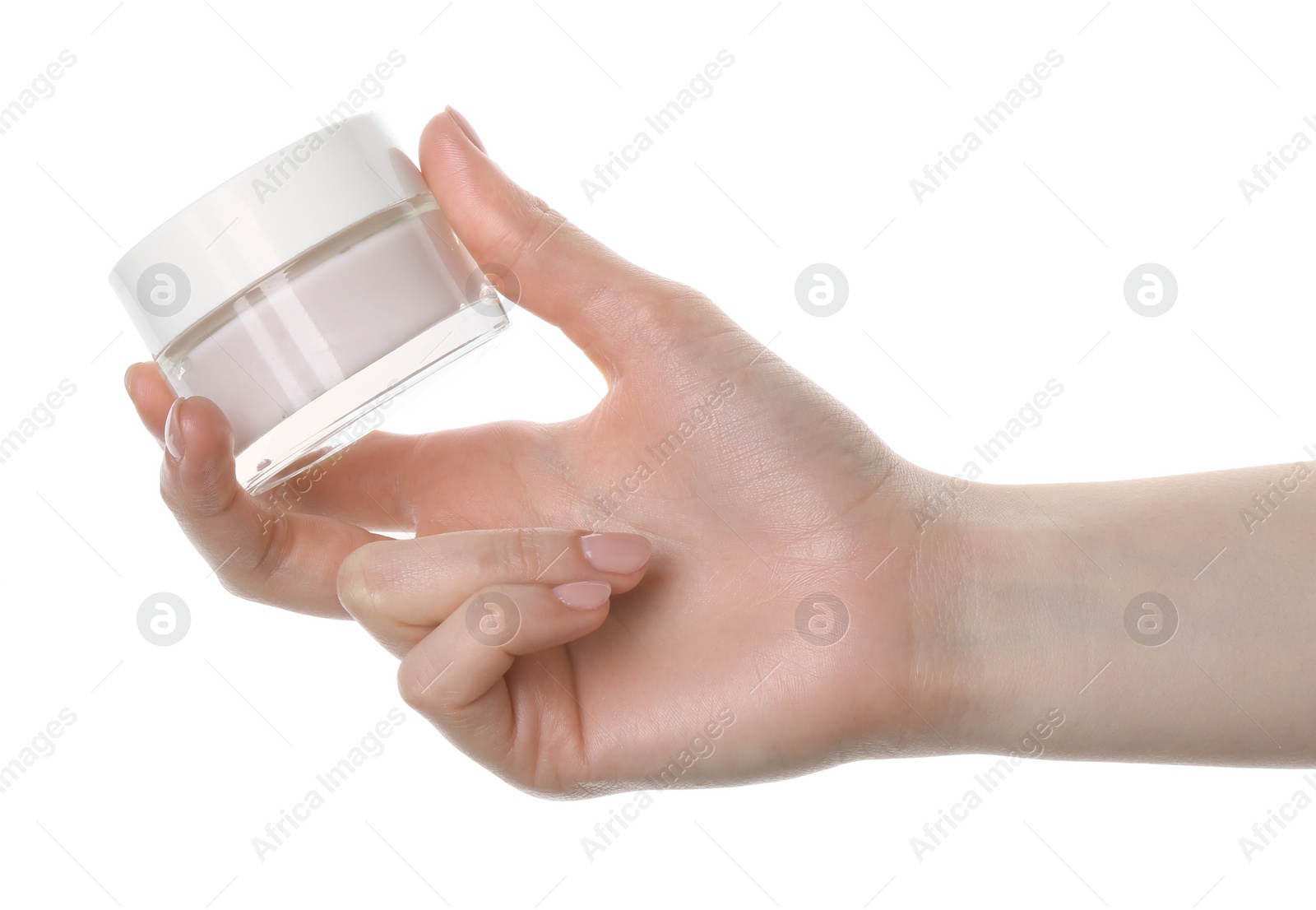 Photo of Woman with jar of cream isolated on white, closeup