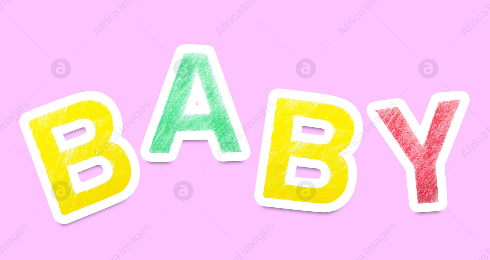 Image of Word BABY made of paper letters on pink background. Banner design