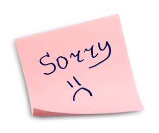 Image of Apology. Sticky note with word Sorry and drawn sad face on white background