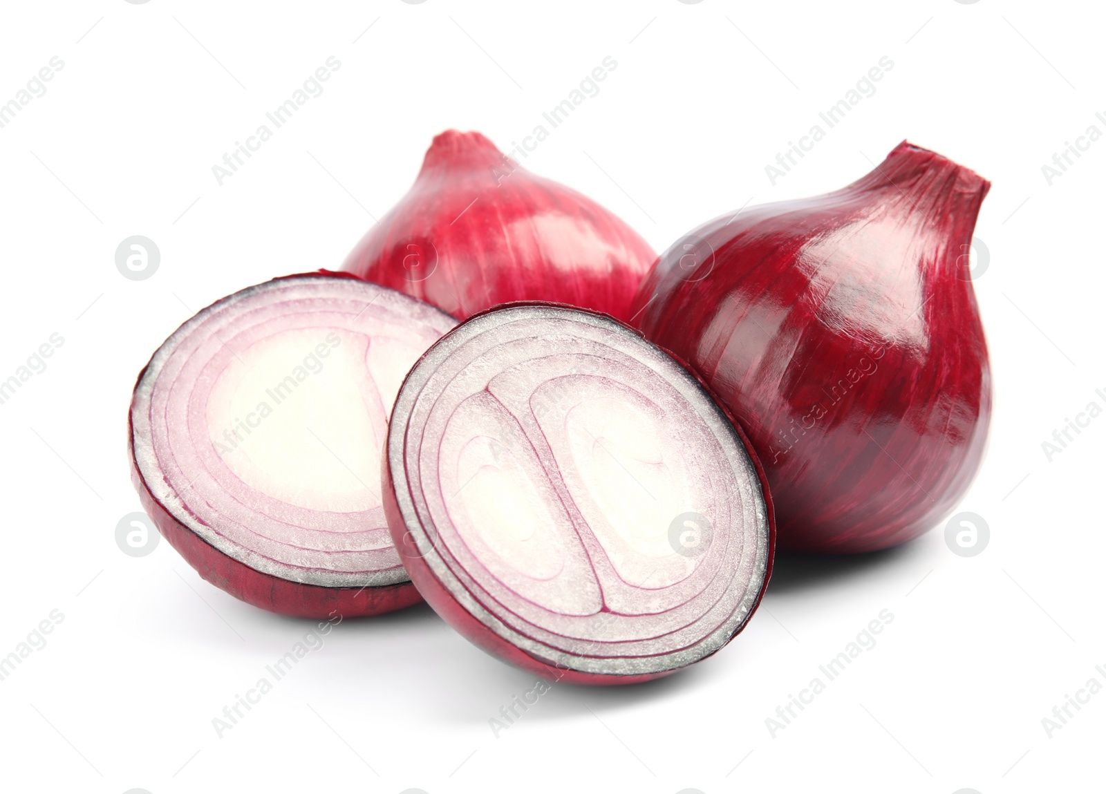 Photo of Ripe red onions on white background