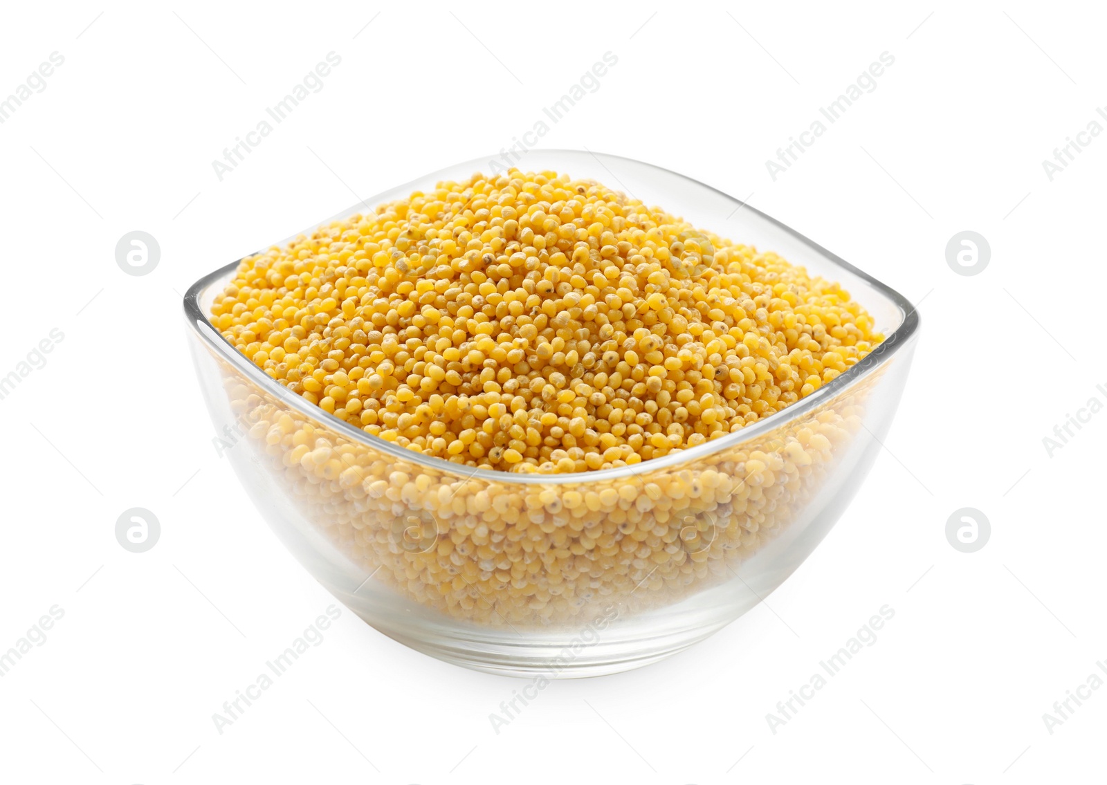 Photo of Dry millet seeds in bowl isolated on white