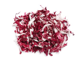 Photo of Pile of shredded radicchio on white background, top view
