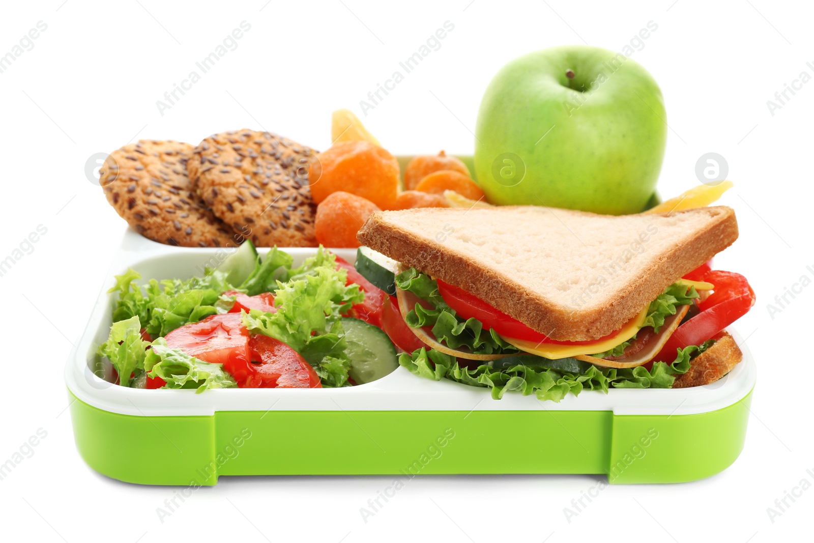 Photo of Lunch box with appetizing food on white background