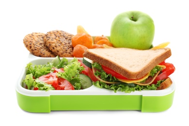 Photo of Lunch box with appetizing food on white background