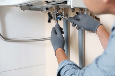 Photo of Man repairing gas boiler with waterpump plier indoors, closeup