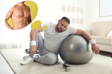 Image of Overweight man dreaming about muscular body while having break in training. Weight loss concept
