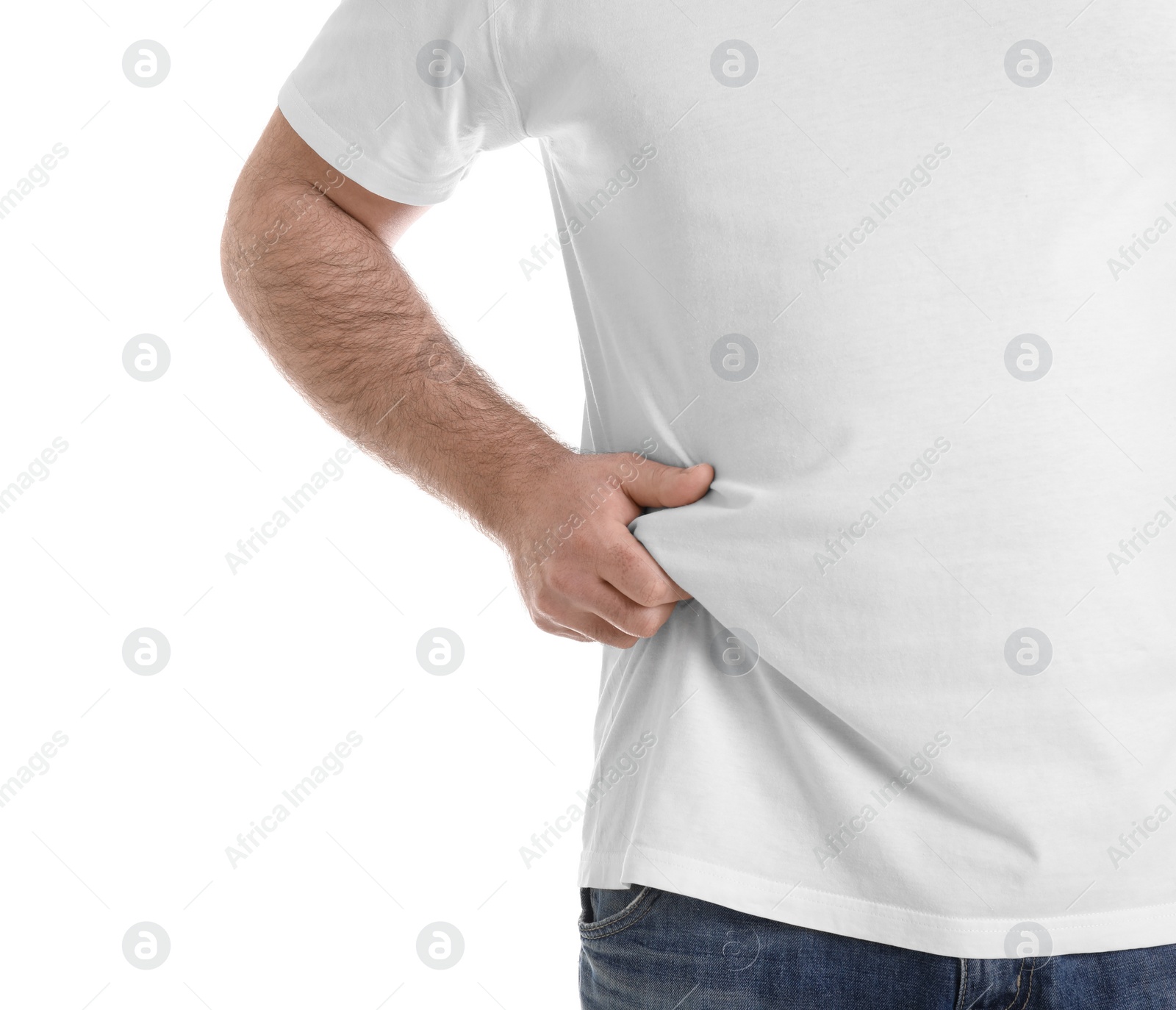 Photo of Overweight man with large belly isolated on white, closeup