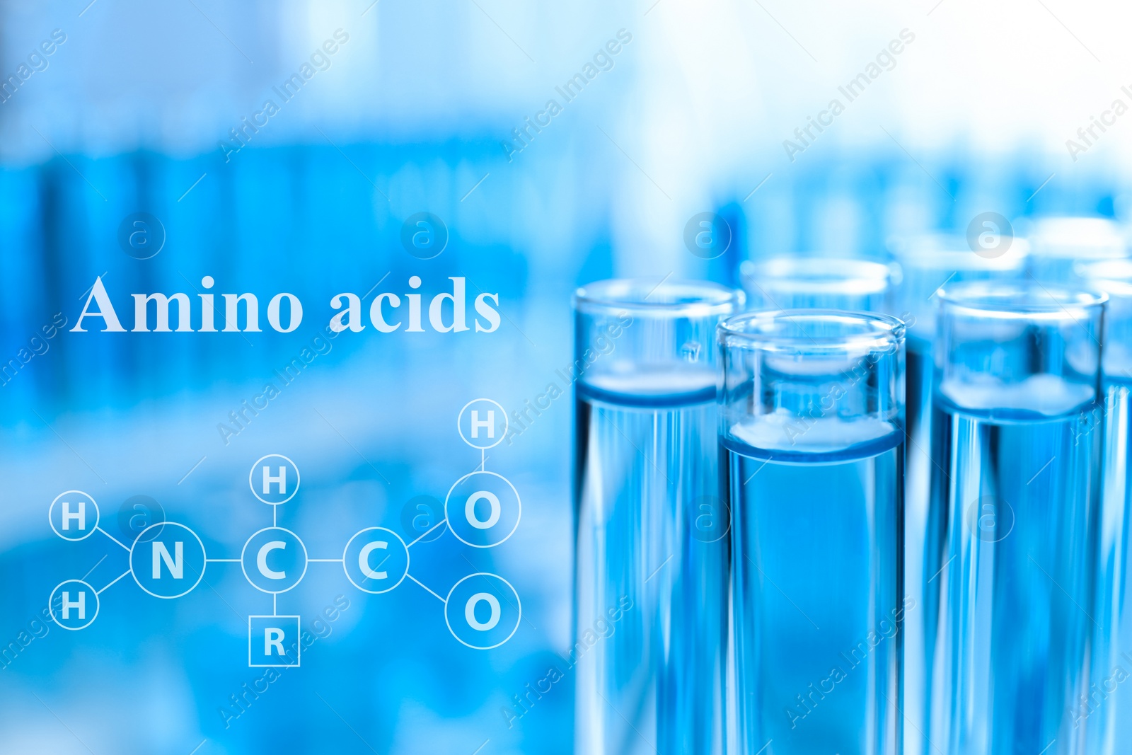 Image of Amino Acids chemical formula, illustration. Test tubes with liquid samples for analysis in laboratory, closeup