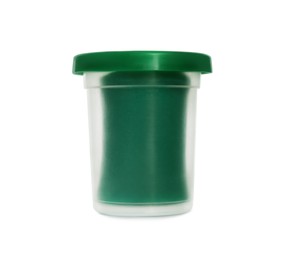 Photo of Plastic container of dark green play dough isolated on white