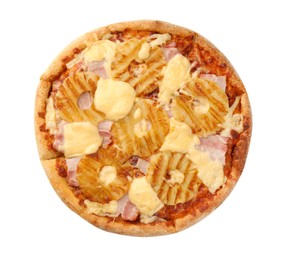 One delicious pineapple pizza isolated on white, top view
