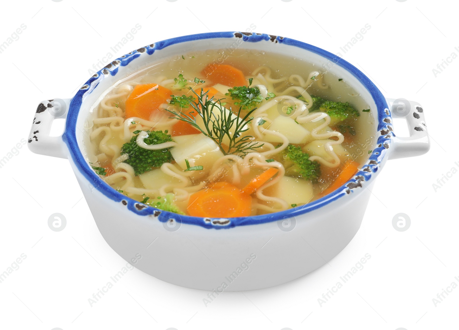 Photo of Dish of fresh homemade vegetable soup on white background