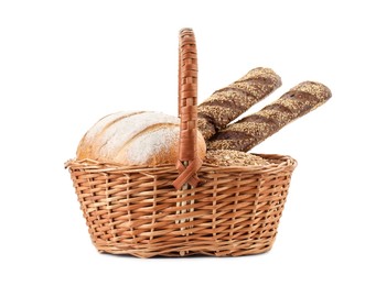 Photo of Wicker basket with different types of fresh bread isolated on white