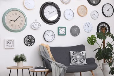 Photo of Comfortable furniture, beautiful houseplant and collection of different clocks on white wall in room