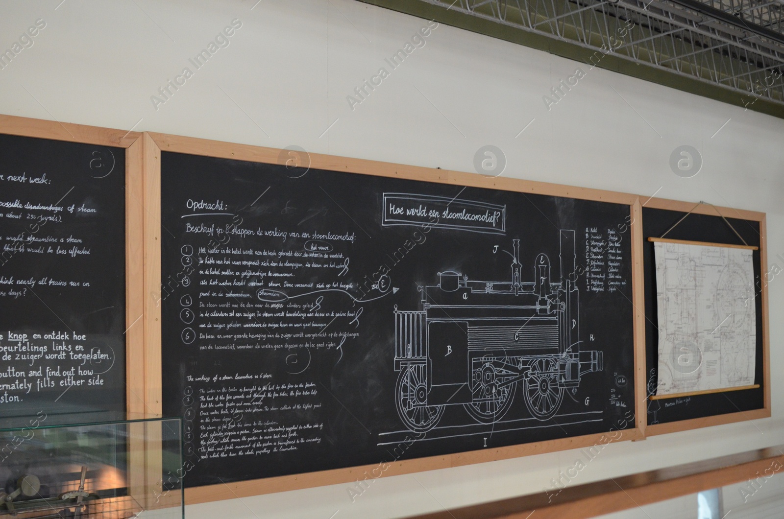 Photo of Utrecht, Netherlands - July 23, 2022: Blackboard with drawing of historical steam train in Spoorwegmuseum