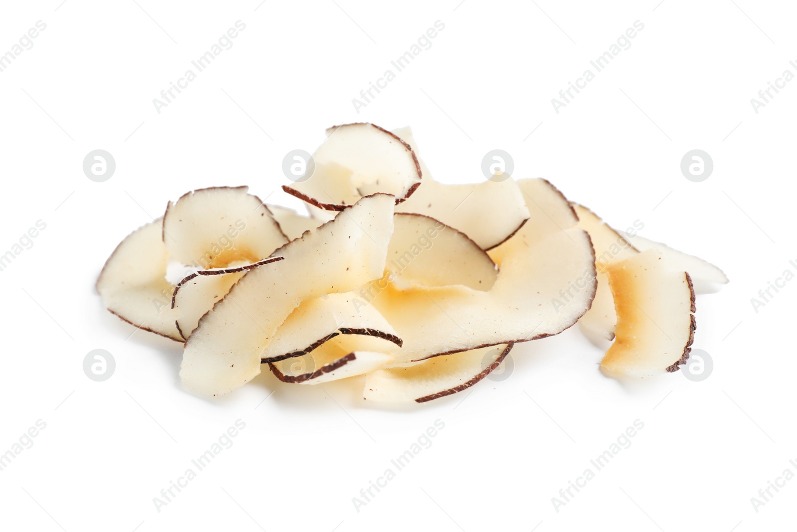 Photo of Pile of coconut chips isolated on white