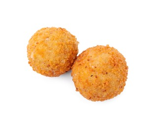 Photo of Delicious fried tofu balls on white background, top view