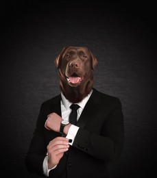 Portrait of businessman with dog face on dark background