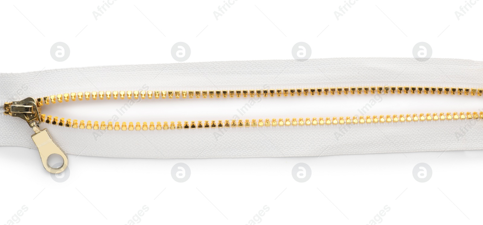 Photo of Golden zipper on white background, top view