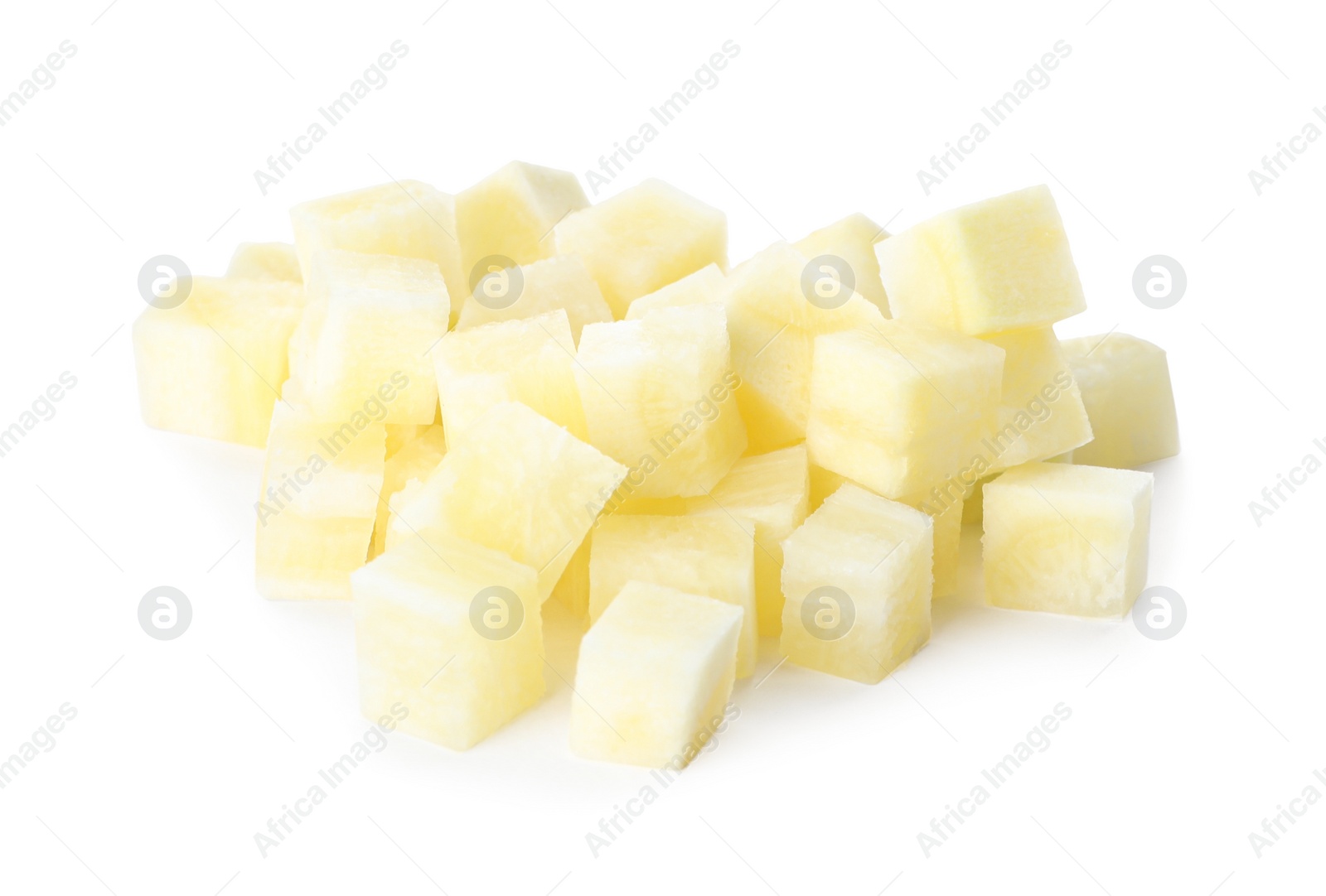 Photo of Tasty raw carrot cubes isolated on white