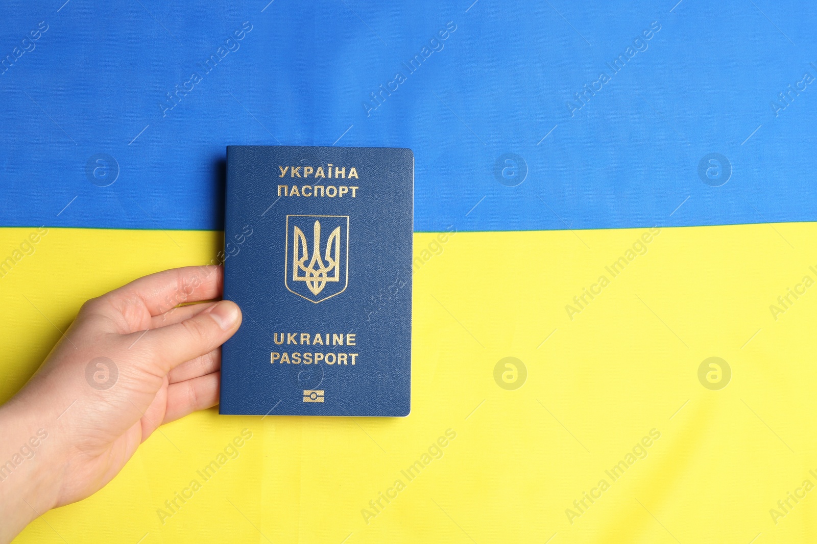 Photo of Woman holding Ukrainian travel passport on national flag, closeup with space for text. International relationships