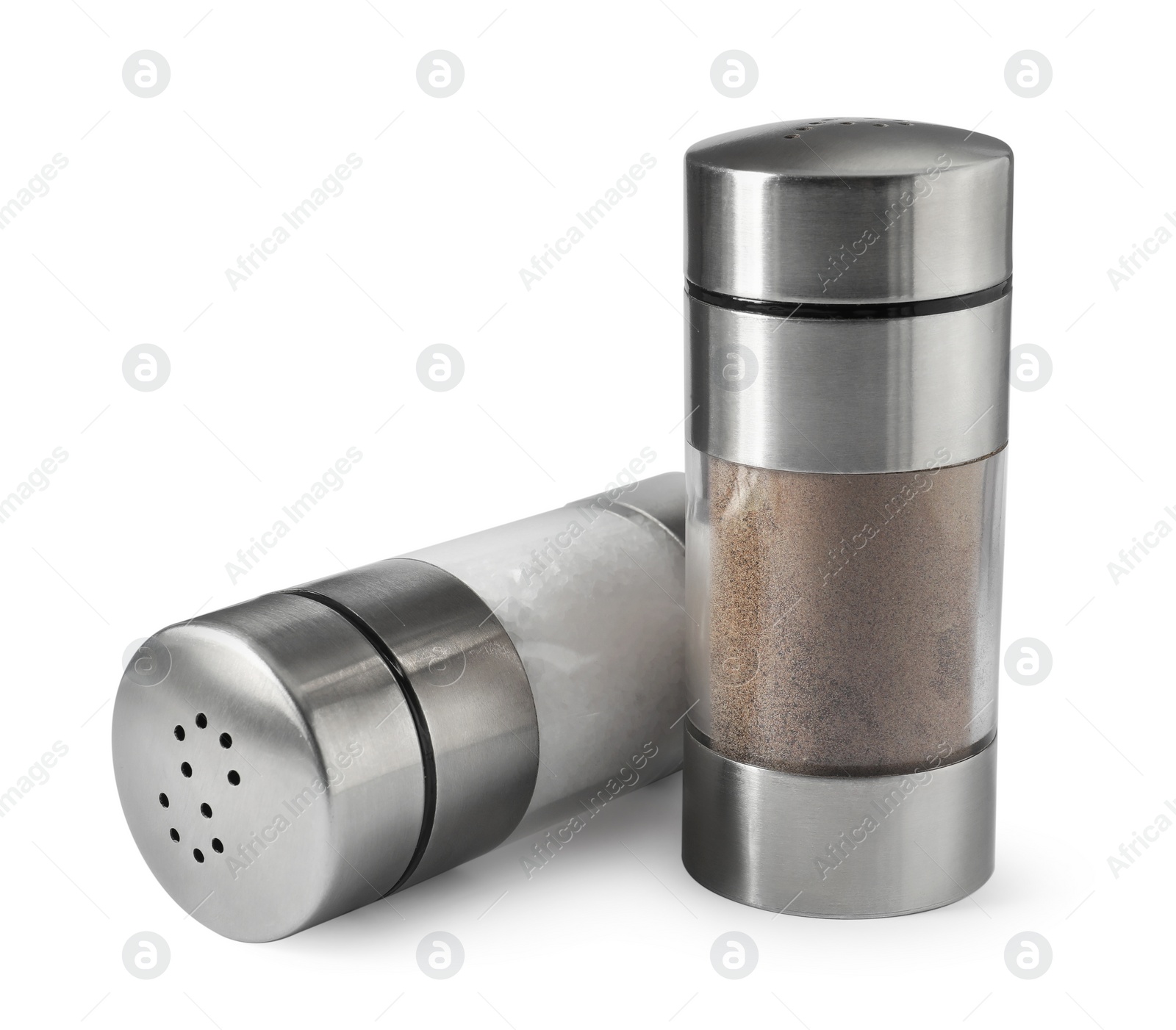 Photo of Salt and pepper shakers isolated on white