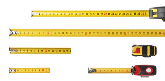 Set with measuring tapes on white background, banner design